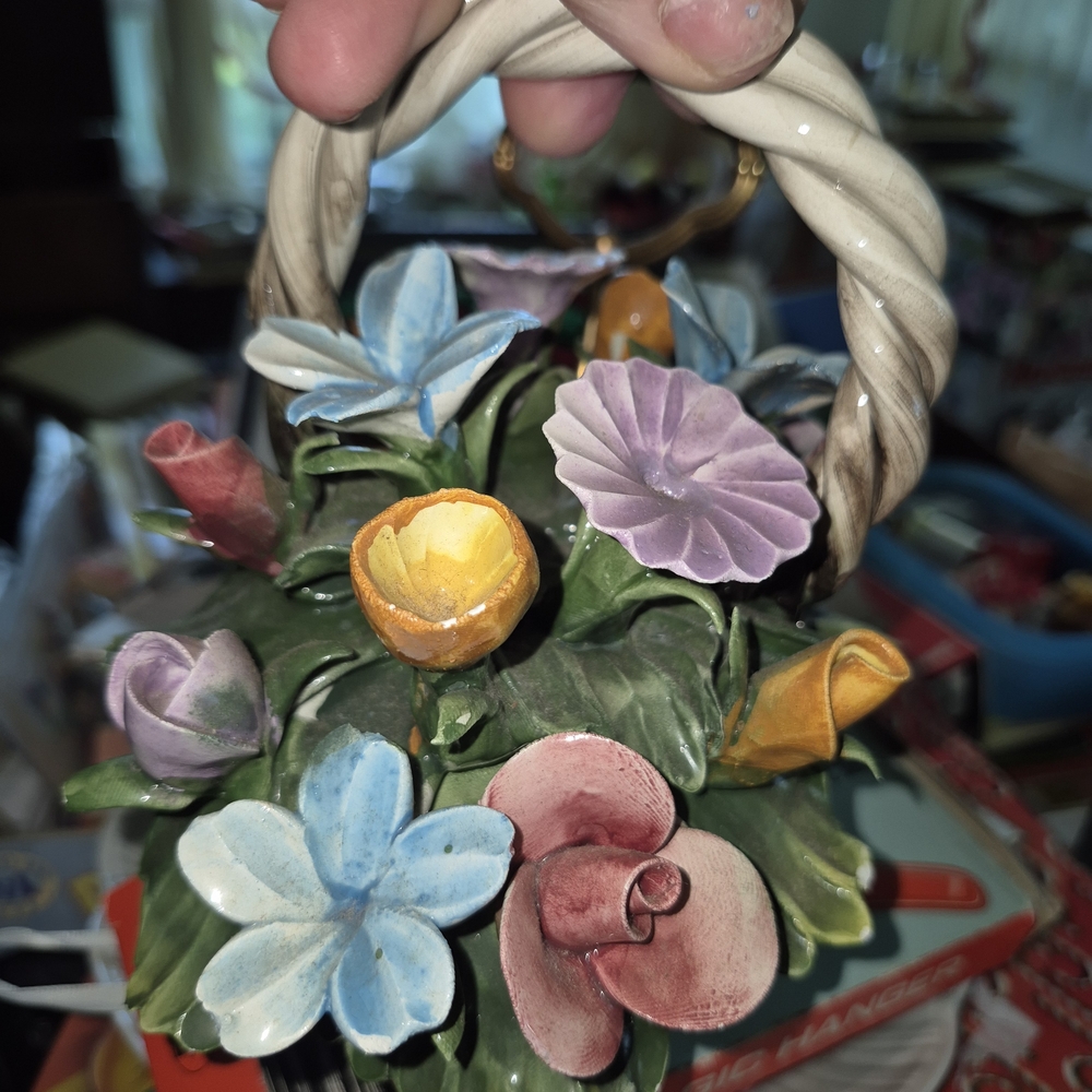 Floral Ceramic Basket with Multicolor Flowers